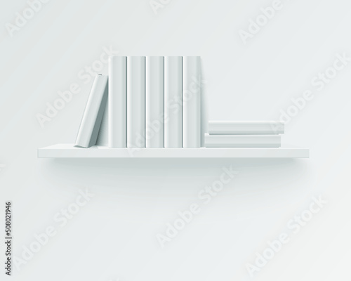 Bookshelf with white blank books. Realistic illustration. 3d rendering