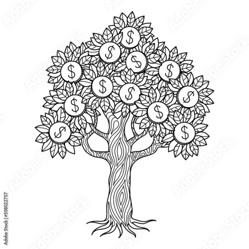 Money tree base coloring page. Coloring book design for children and adult.