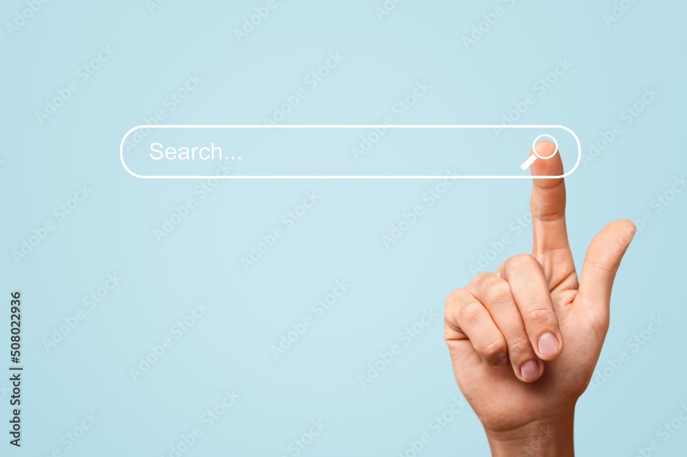 Searching information concept. Hand of man touching in icon search - obrazy, fototapety, plakaty 