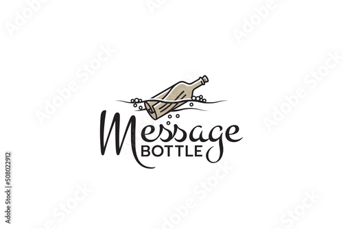 message bottle logo with a combination of a bottle and papper that floats on the water.