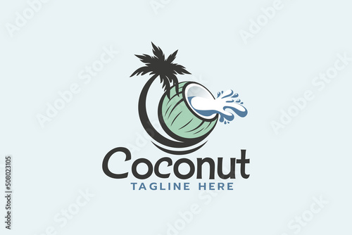 coconut logo with coconut tree and spilled coconut water.