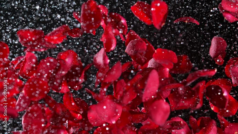 Super slow motion shot of real red rose petals and water explosion on black background at 1000 fps.