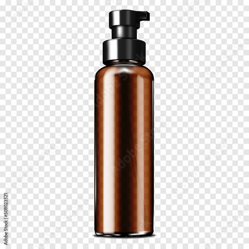 Blank dark brown clear glass or plastic cosmetic bottle with pump dispenser for foam textures on transparent background realistic mockup. Beauty product container with black cap vector mock-up