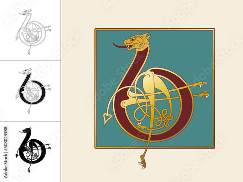 Medieval, Celtic Initial Letter B combining animal body parts from a Lion and endless knot ornaments in four different versions
