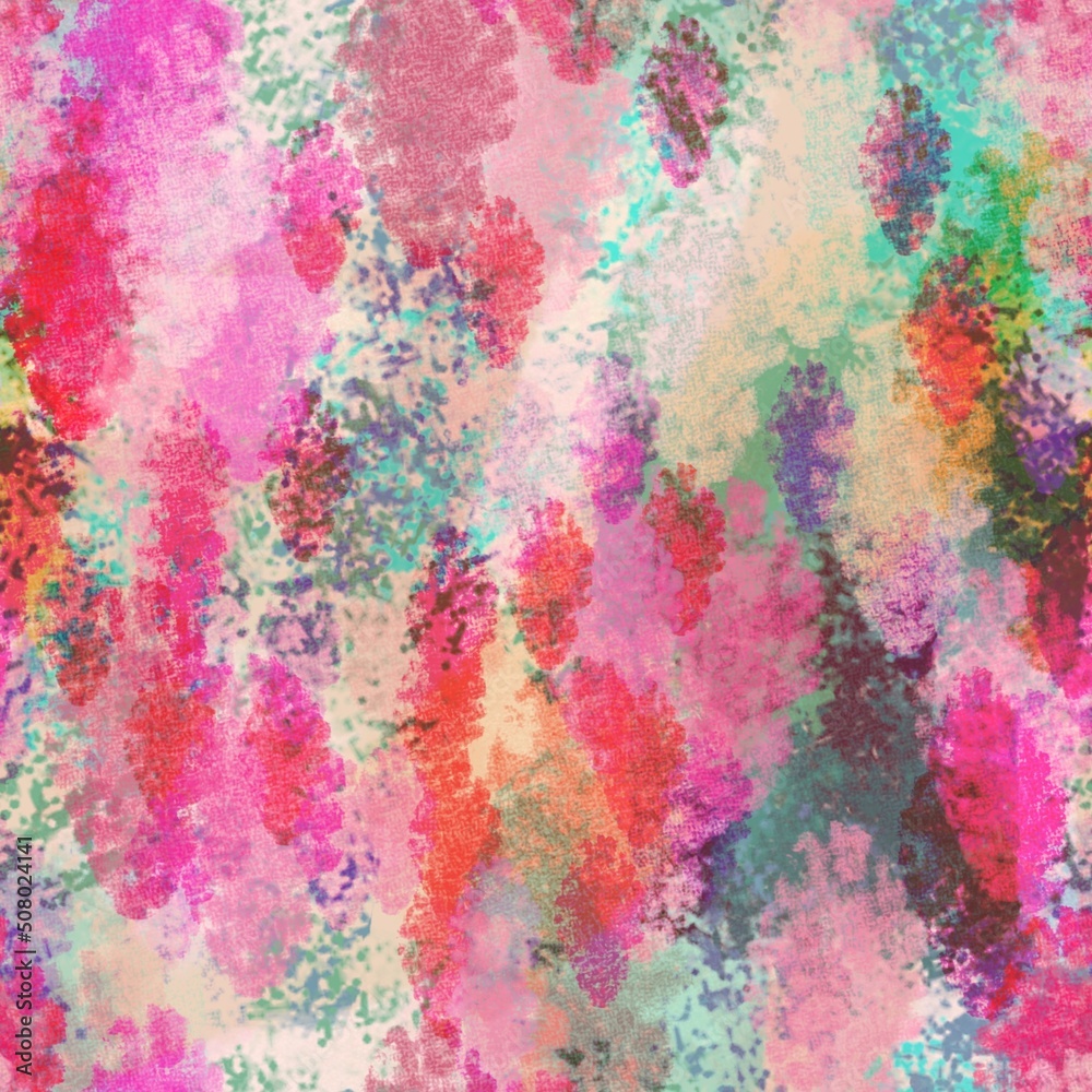 Seamless pattern of abstract texture elements in green and red shades on a pink background for textile.