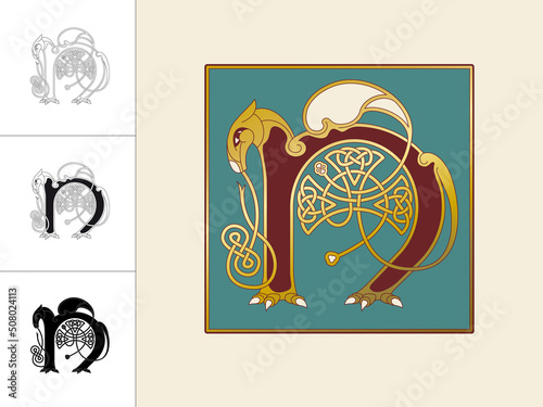 Medieval, Celtic Initial Letter N combining animal body parts from a Horse and endless knot ornaments in four different versions