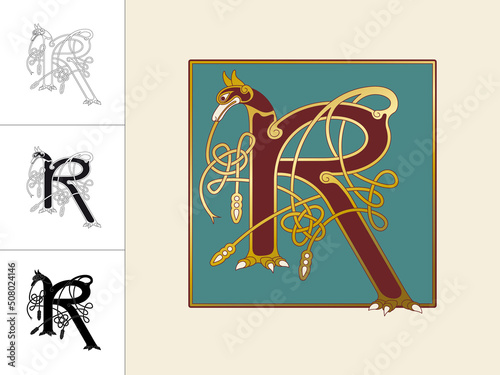 Medieval, Celtic Initial Letter R combining animal body parts from an Jackal and a Dragon with endless knot ornaments in four different versions