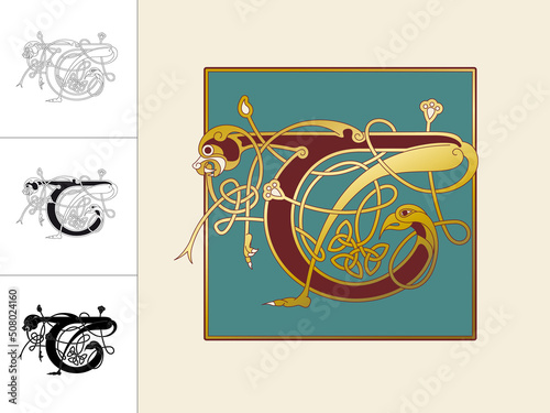 Medieval, Celtic Initial Letter T combining animal body parts from a Dog and a Parrot with endless knot ornaments in four different versions