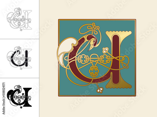 Medieval, Celtic Initial Letter U combining animal body parts from a Swan and endless knot ornaments in four different versions