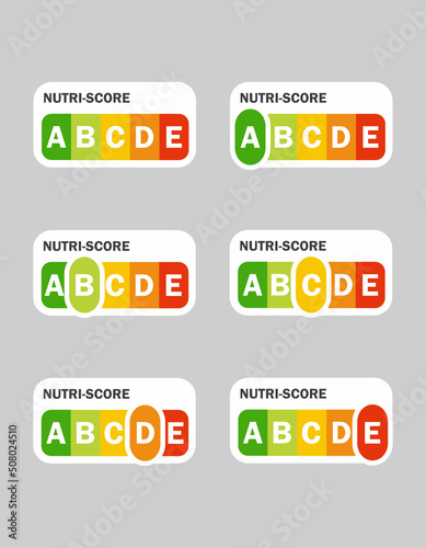 Nutri-score icons set. Isolatad Nutriscore stickers for packaging on white background. Food rating system signs : A, B, C, D, E. Vector illustration.