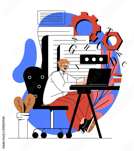 Professional copywriter typing. Man writes article and creates unique content for websites. Remote employee and freelancer, modern technologies, earnings on Internet. Cartoon flat vector illustration