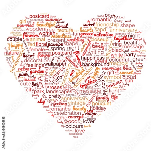 Love word cloud isolated typography illustration on a white background. heart made of words love. Shape silhouette for cutting and wall sticker.