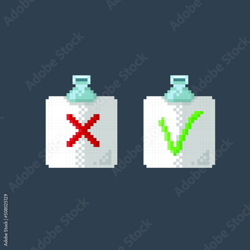 cross and checklist sign in document in pixel art style