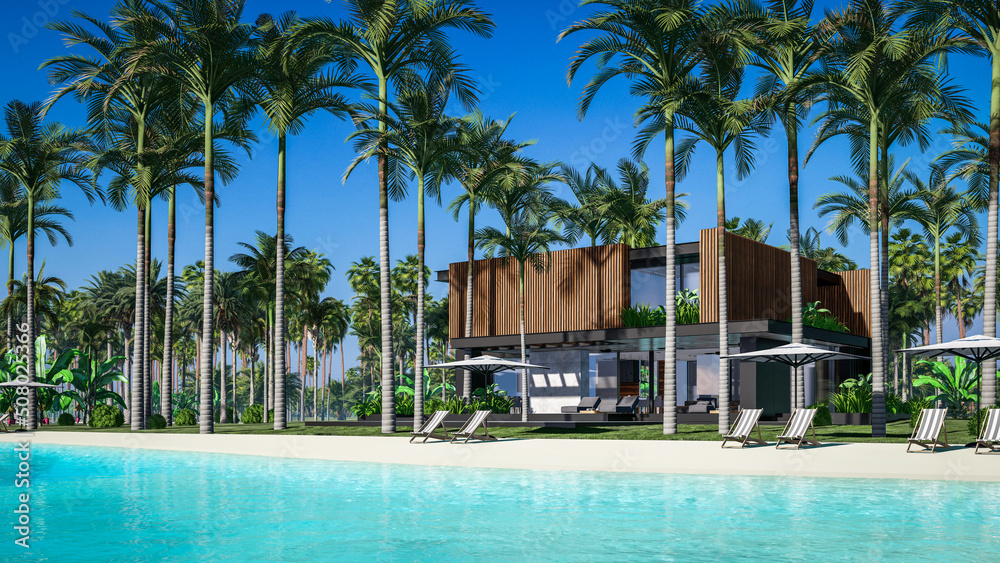 3d rendering of modern cozy house with parking and pool for sale or rent with wood plank facade by the sea or ocean. Sunny day by the azure coast with palm trees and flowers in tropical island