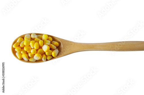 wooden spoon, filled, fresh, corn, white background
