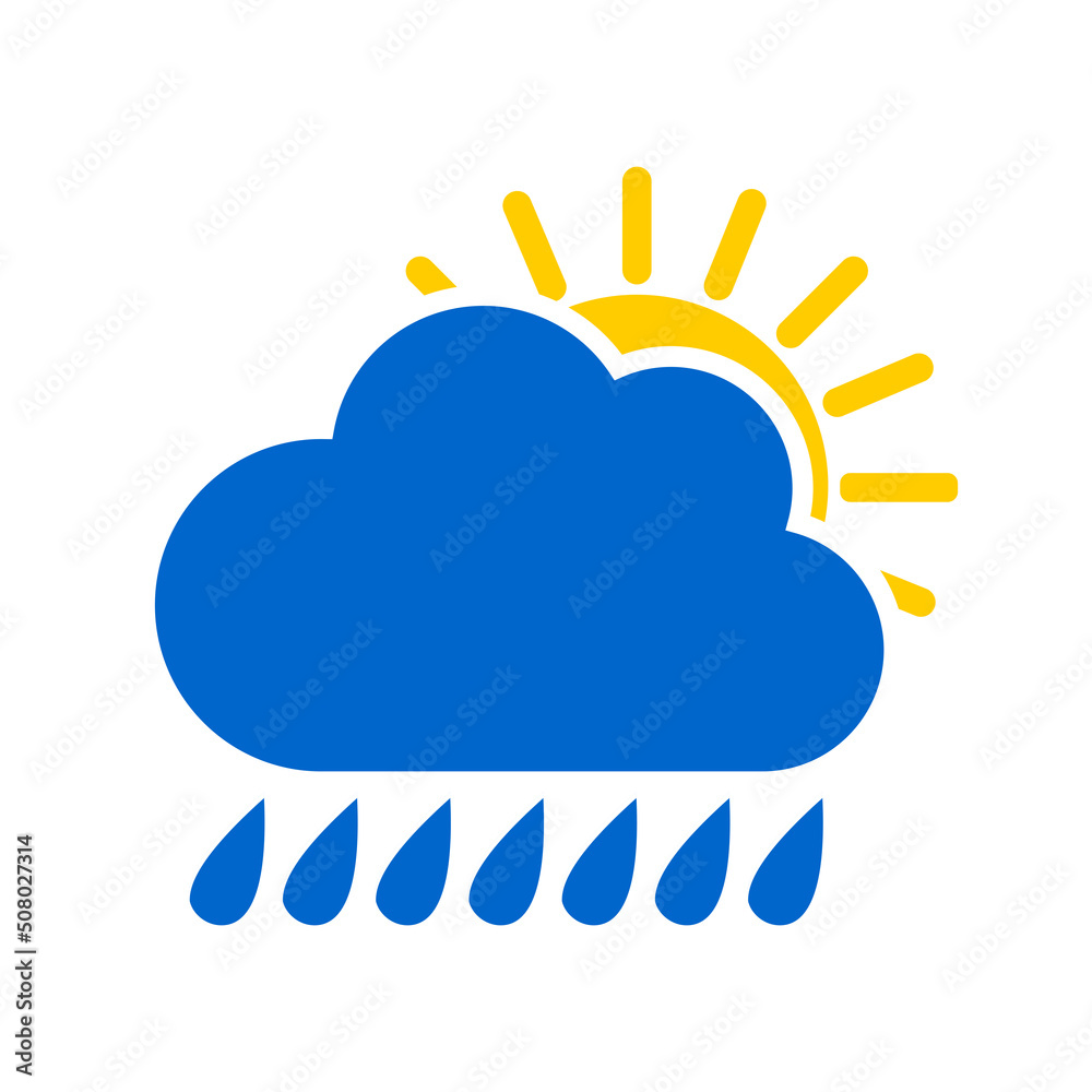 Blue cloud with raindrops and yellow sun. Wet rainy weather forecast icon with downpour isolated on white background. Blue cloud with raindrops and yellow sun. Wet rainy weather forecast icon with downpour isolated on white background.