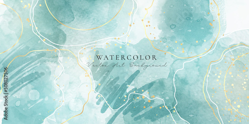 Turquoise green and cyan emerald liquid marble watercolor background with gold lines. Pastel blue elegant minimal modern canvas wallpaper with paint brush pattern. Vector illustration