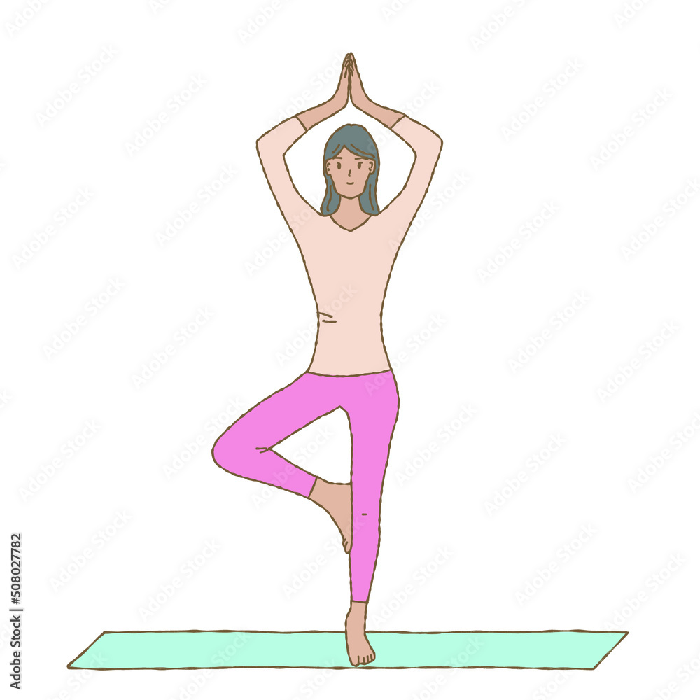 Hand drawn flat vector illustration of person who doing tree pose yoga or fitness exercise on mat isolated on white background. Hand drawn flat vector illustration of person who doing tree pose yoga or fitness exercise on mat isolated on white background.