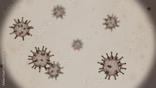 Microscopic view to the virus cells in the viability liquid environment. Bacterium molecules of the smallpox, coronavirus, aids or hiv virus moving in the macro view in scientific research laboratory.