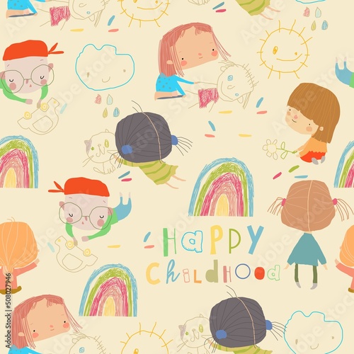 Seamless Pattern with Happy Children painting Drawings with Chalk on Asphalt