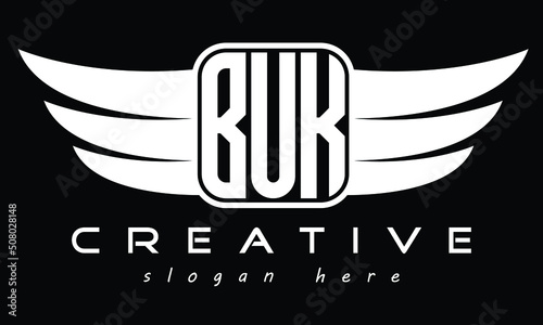 BUK three Letter Wings Flying Initial wing symbol minimalist creative concept flag logo design Vector template