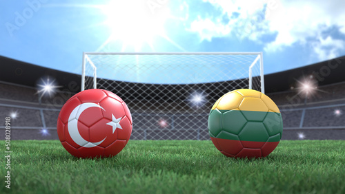 Two soccer balls in flags colors on stadium blurred background. Turkey and Lithuania. 3d image