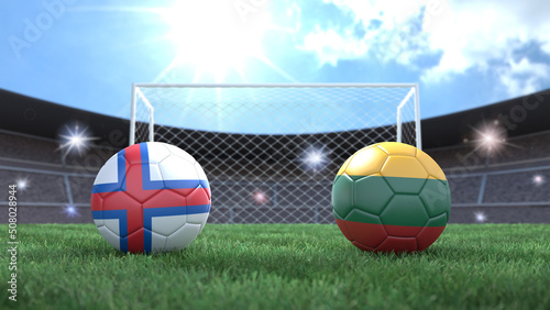 Two soccer balls in flags colors on stadium blurred background. Faroe Islands and Lithuania. 3d image
