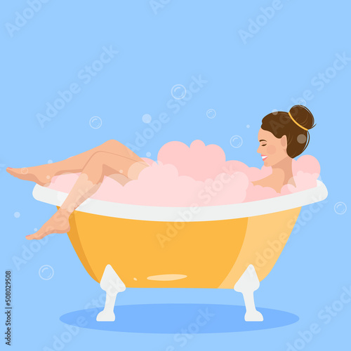 Beauty routine. Girl in bath stickers. Various spa procedures. Drawn vector set. Trendy illustration.