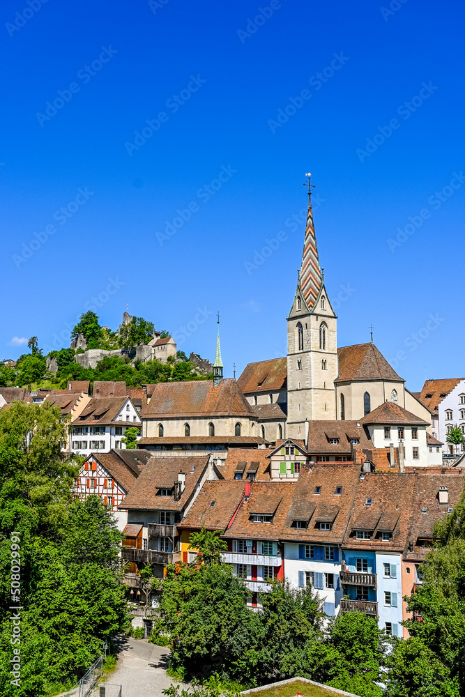 Stadt Baden, katholische Kirche, Altstadt, Schlossberg, Ruine, Stadt, Aargau, Limmat, Sommer, Schweiz