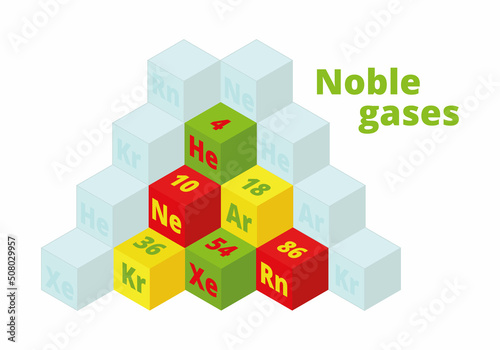 Noble gases. Vector 3d illustration. Helium, neon, argon, krypton, xenon, radon. Chemical elements. Periodic system of elements, periodic table. subgroup of noble gases.
