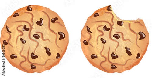 oatmeal chocolate chip cookies. two chocolate chip cookies. one whole cookie, the second cookie is bitten.