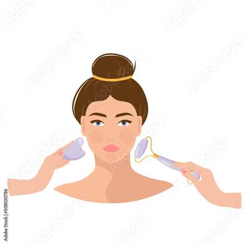 Skin care routine. Beautiful young lady with jade face roller, gua sha face massage. Face care concept. Cleansing, moisturizing, treating. Vector illustration. Cartoon style. Flat design