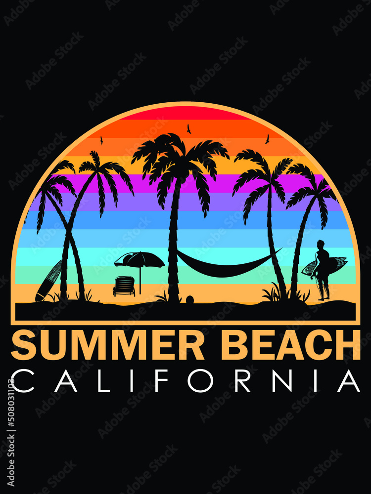 Colors of California beach graphic t shirt vector design with palm tree silhouette. Summer beach vector design for t shirt