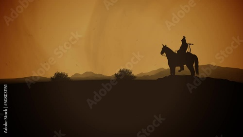 Mongolian Horseman Warrior in Mongolian Terrain photo