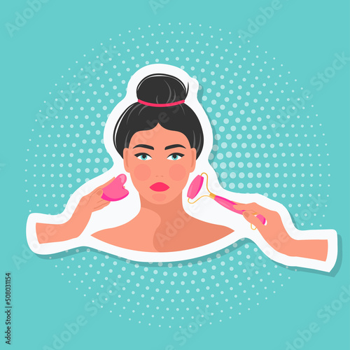 Skin care routine. Beautiful young lady with  jade face roller, gua sha face massage.  Face care concept. Cleansing, moisturizing, treating. Vector illustration. Cartoon style. Flat design