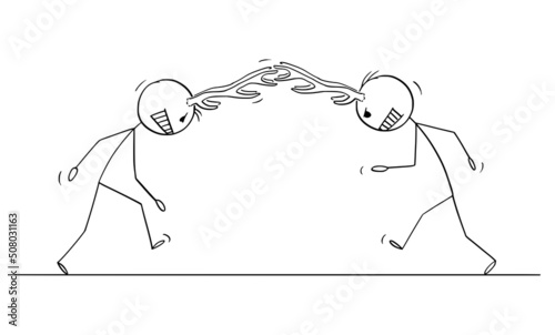 Two Person With Horns or Antlers Fighting, Vector Cartoon Stick Figure Illustration