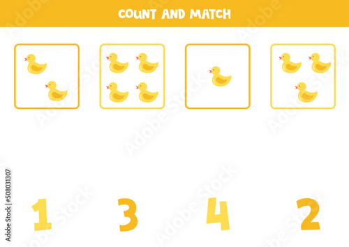 Counting game for kids. Count all rubber ducklings and match with numbers. Worksheet for children.