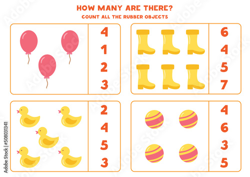 Counting game with cartoon rubber objects. Educational worksheet.