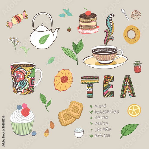tea cup, cake sweet cafe food vector illustrations set