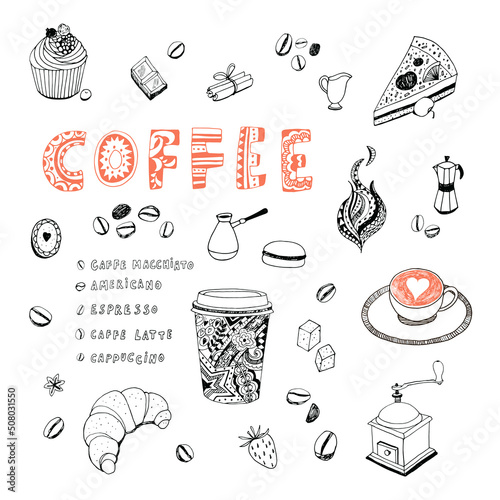 coffee cup, croissant, cake food vector illustrations set