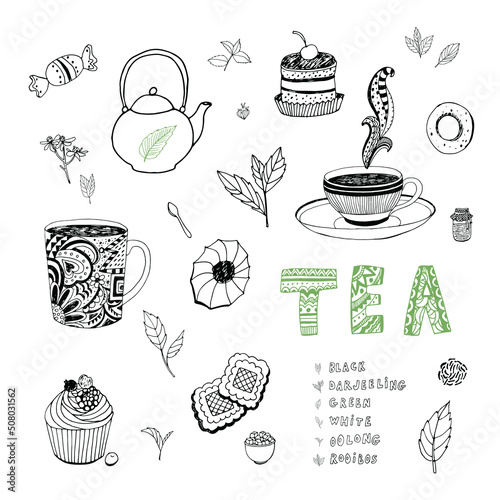 tea cup, cake sweet cafe food vector illustrations set