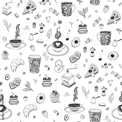 coffee and tea cup, croissant, cake food vector seamless pattern