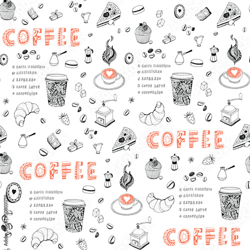 coffee cup, croissant, cake food vector line seamless pattern