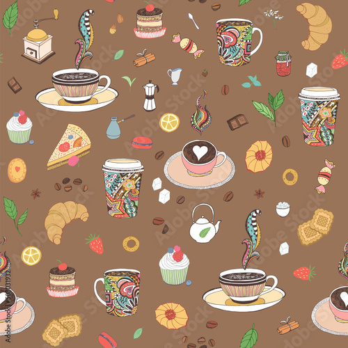 coffee and tea cup, croissant, cake food vector seamless pattern