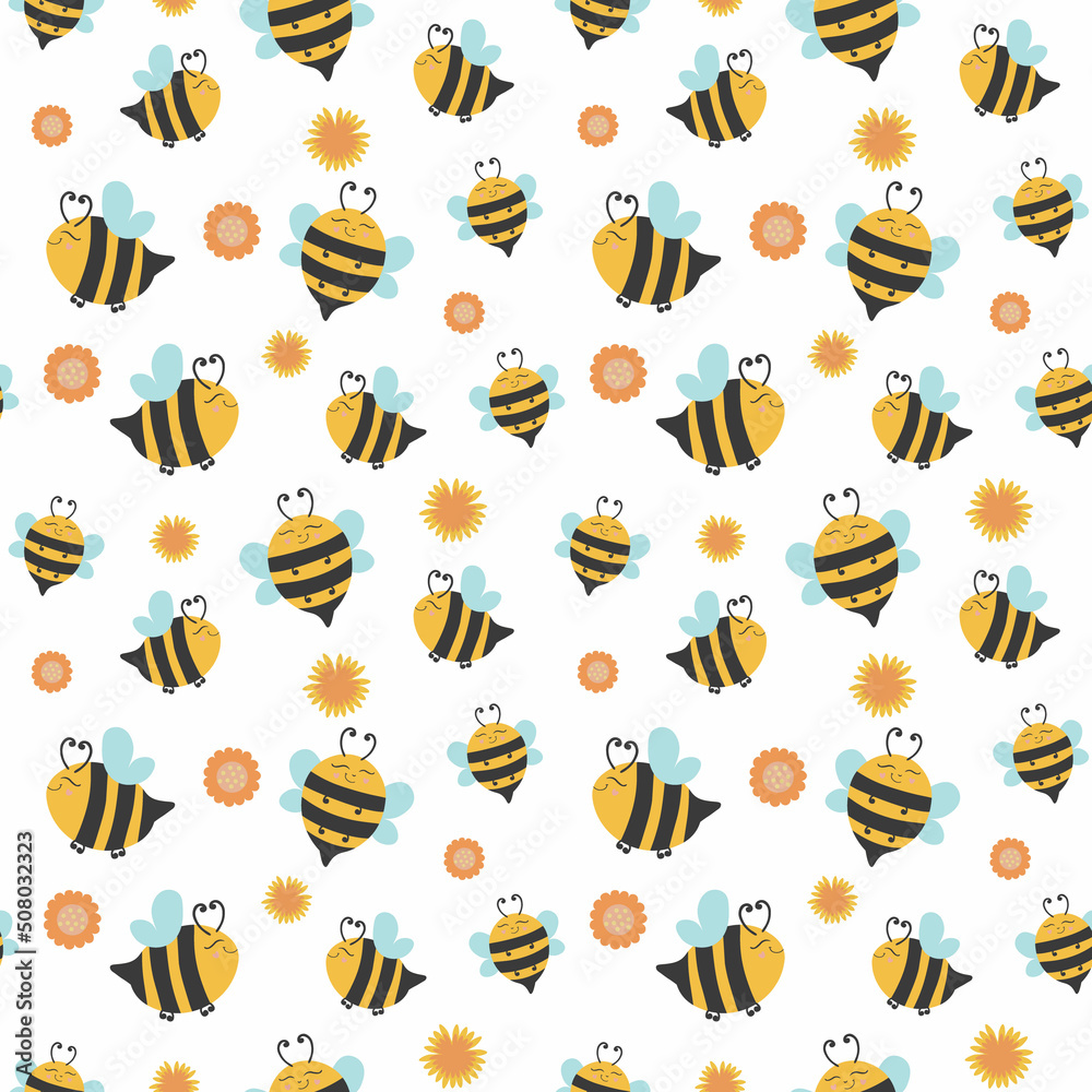  Honey Bee seamless pattern summer designs are perfect for fabric design, textile, wallpaper, wrapping paper, packaging and other trendy products.