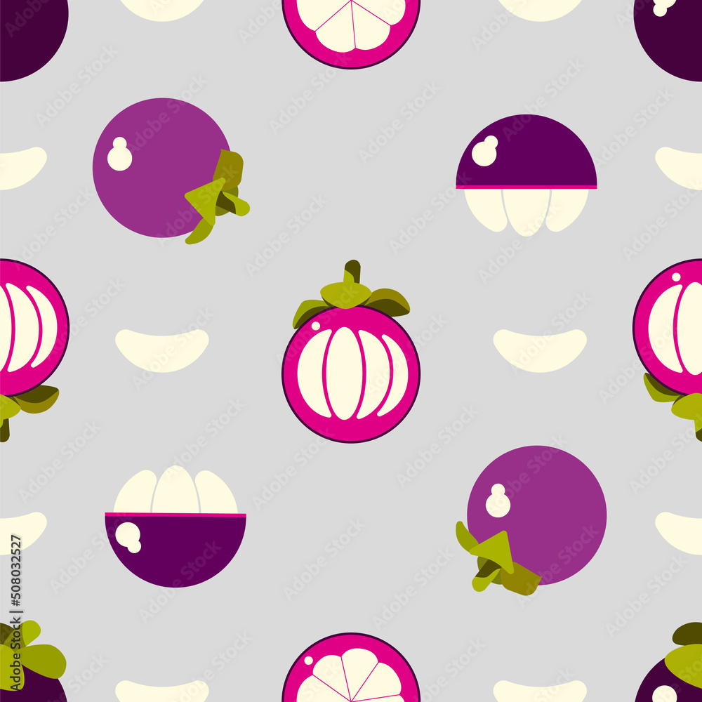 Seamless vector pattern made of mangosteen. Ripe Asian fruit. Illustration of mangosteen fruits. Mangosteen pattern for greeting cards, wrapping paper, packaging, fabric, wallpaper.