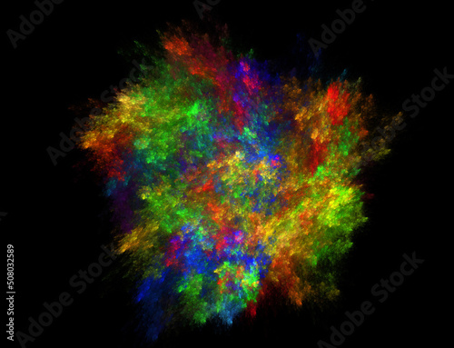 Bright paint explosion. Multicolor glowing object on black background © zenobillis