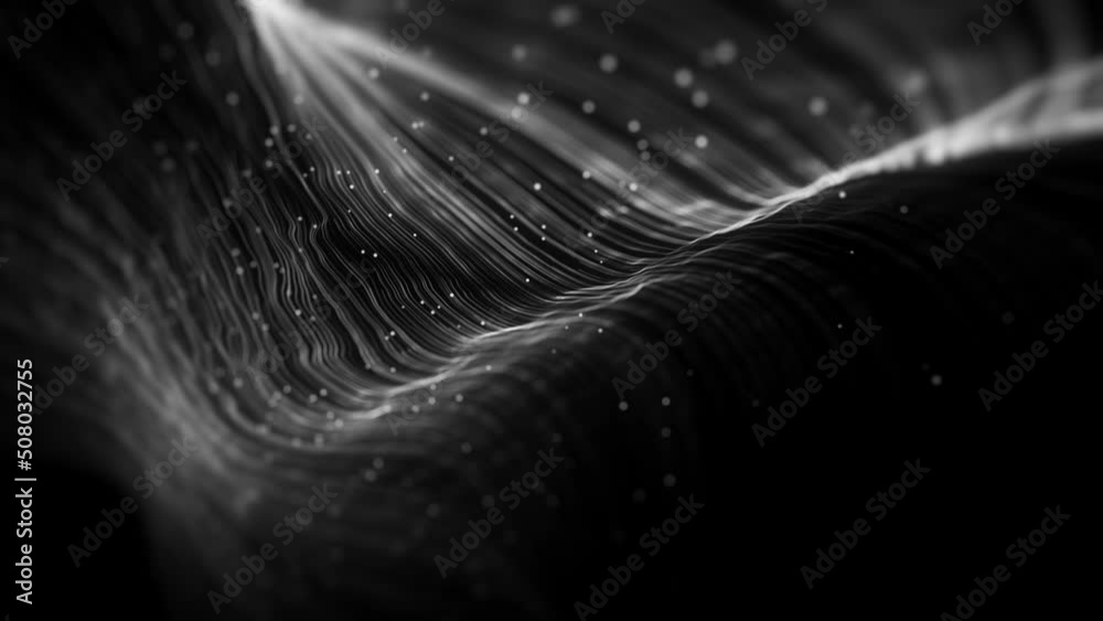Abstract Flowing Digital Lines Network Close Up Background/ 4k animation of an abstract technology wallpaper background of close up of flowing particle lines and nodes with depth of field and data con