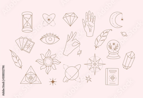 Esoteric elements collection. Magic icons minimalistic symbols, planets, hands and crystals, cards and eyes. Hand drawn linear vector illustration
