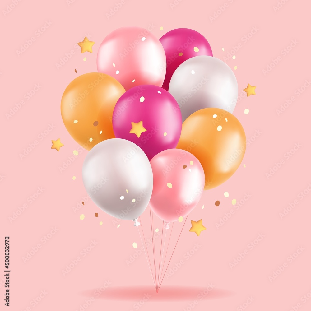 3d balloons, realistic colorful bunch of pink and yellow air balloons, stars and confetti on pink background. Birthday greetings, baby shower, grand opening festive concept. Vector illustration